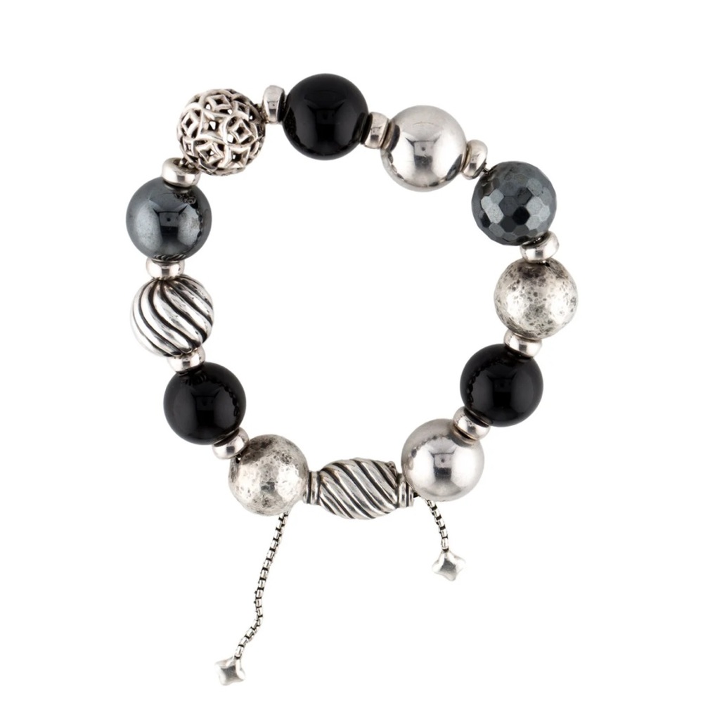 David Yurman Sterling Sliver Black Onyx Hematite Elements Bead Bracelet